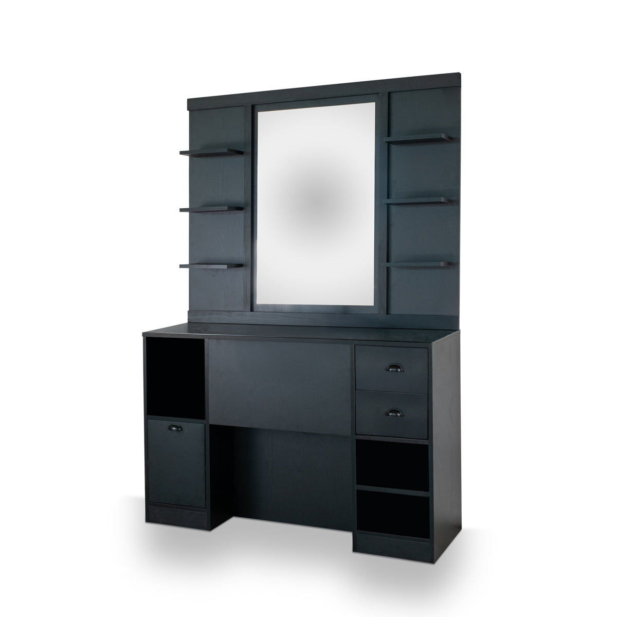 Coiffeuse Barbier avec Miroir et Etagères Finition Noire