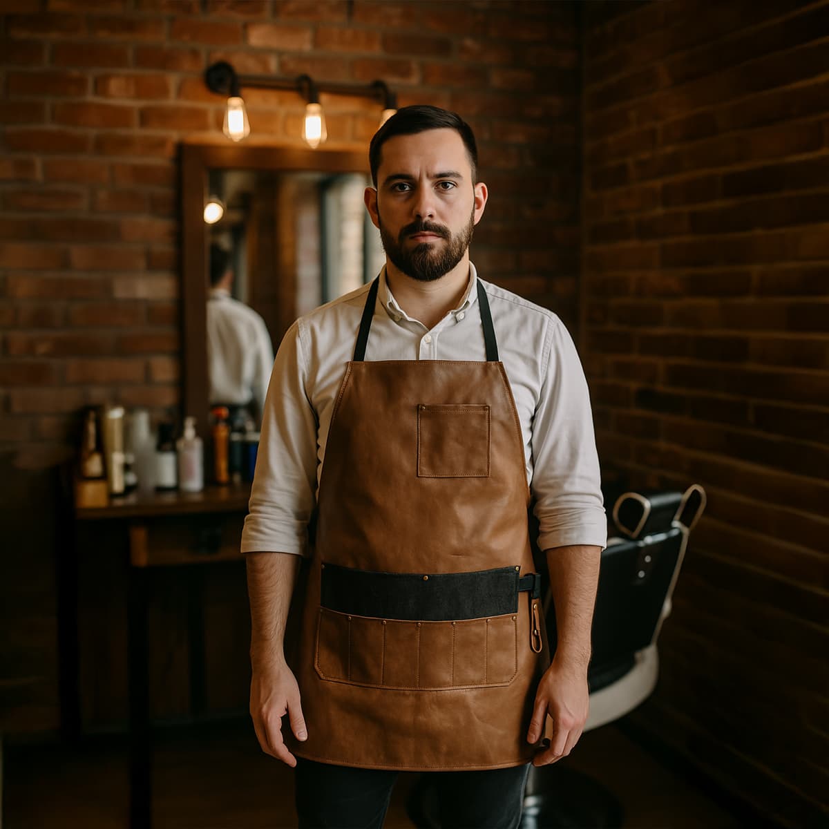 Beige barber apron with pocket