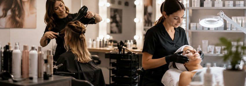 Coiffeuse et esthéticienne dans un salon, qui coiffe et fait des soins visage
