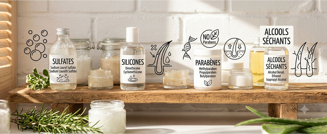 Ingrédients à éviter dans les shampoings : silicones, sulfates, parabènes.