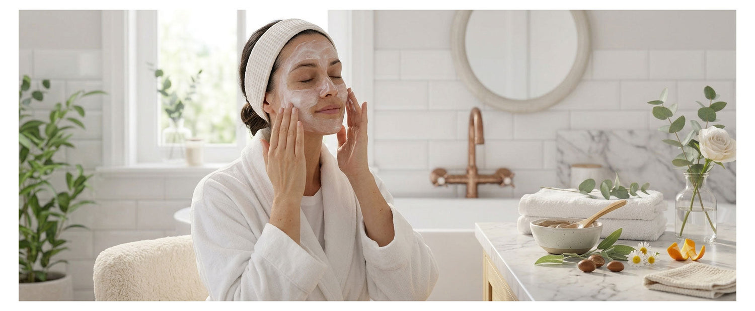 Femme qui se fait un soin visage dans sa salle de bain