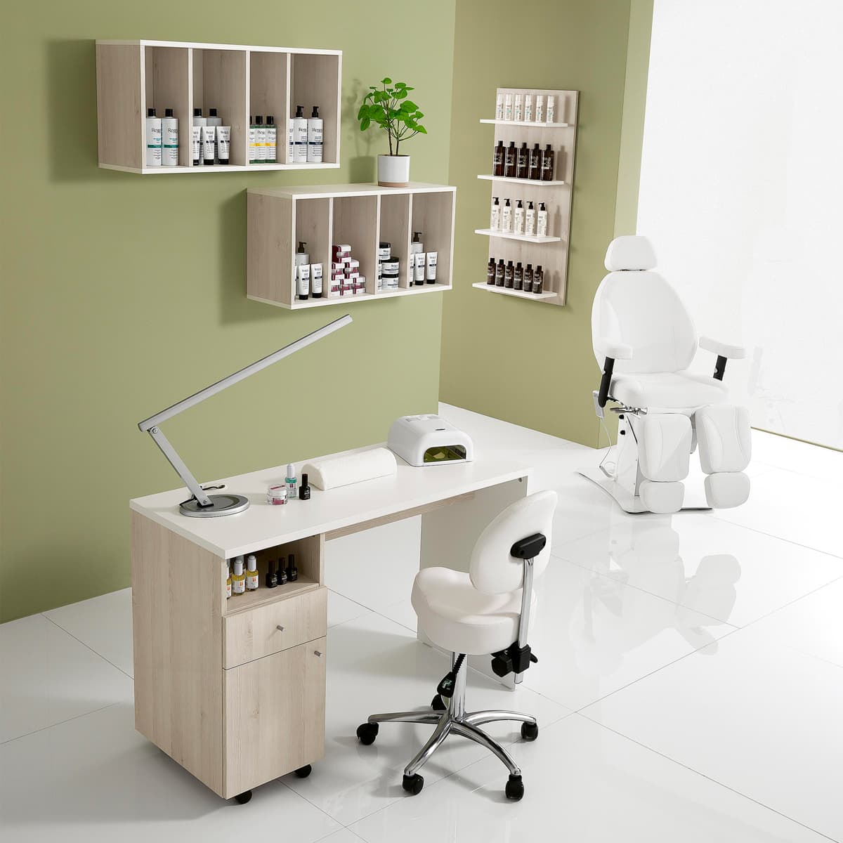 Table Manucure en Mélèze Naturel avec Tiroirs et Placard