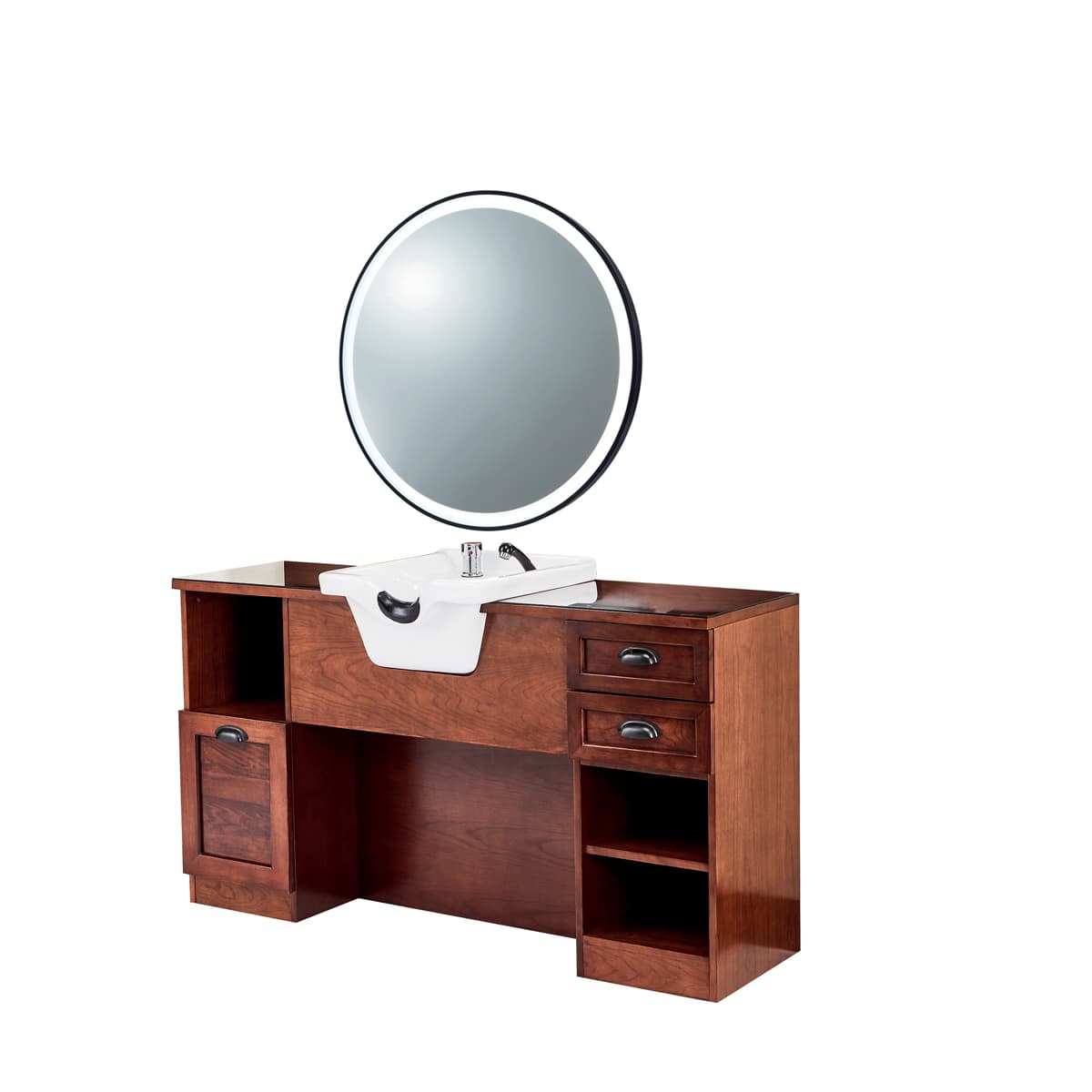 Meuble Barber Station JULES Bois avec Cuvette et Miroir Rond