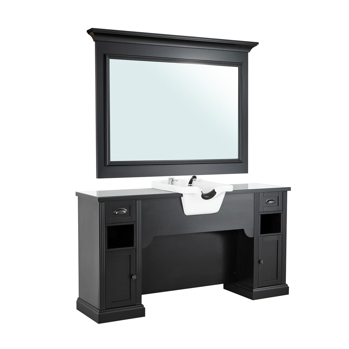 Meuble Barber Station WILLIAM 3 Bois Foncé avec Cuvette et Miroir